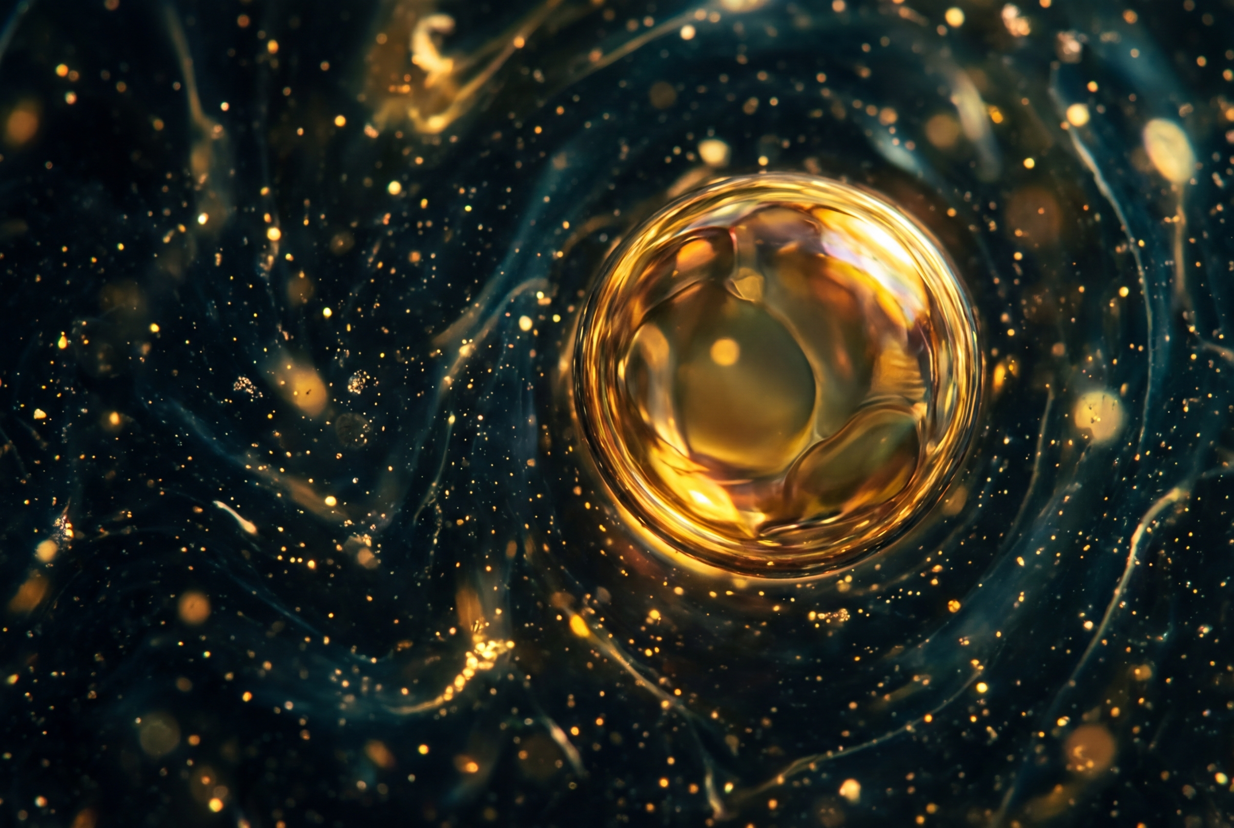 Microscopic abstract of a glowing lipid sphere floating in dark fluid.