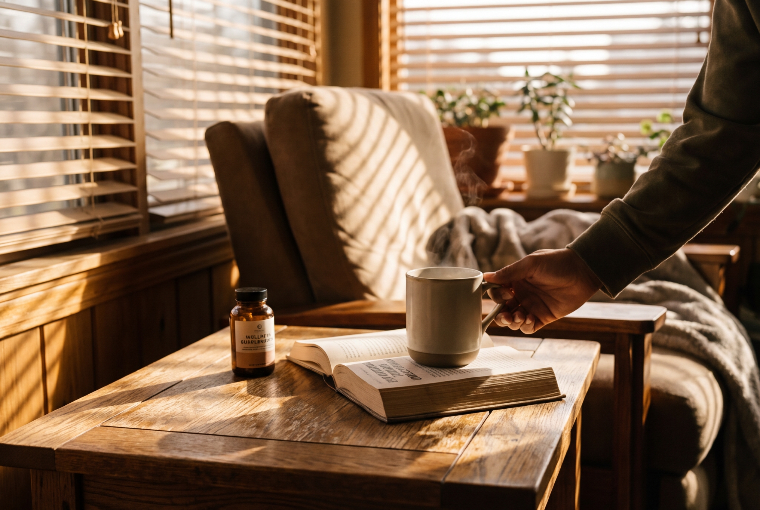 Hand placing a steaming tea mug on an open book in bright morning light.