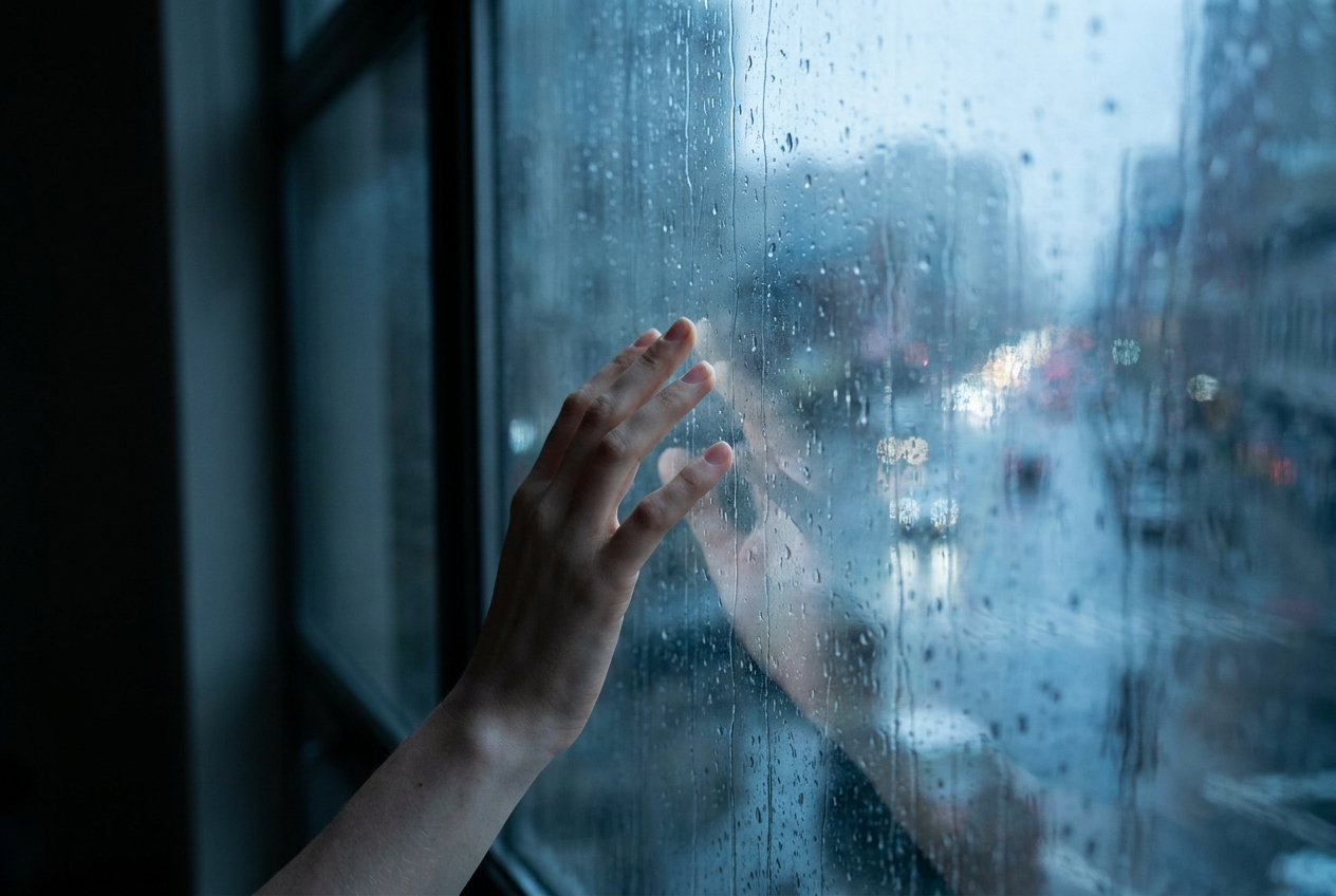 A crisp reflection of a hand against a rain-streaked window.