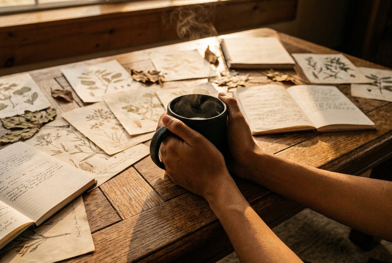 Hands tightly gripping a steaming black mug on an oak table.