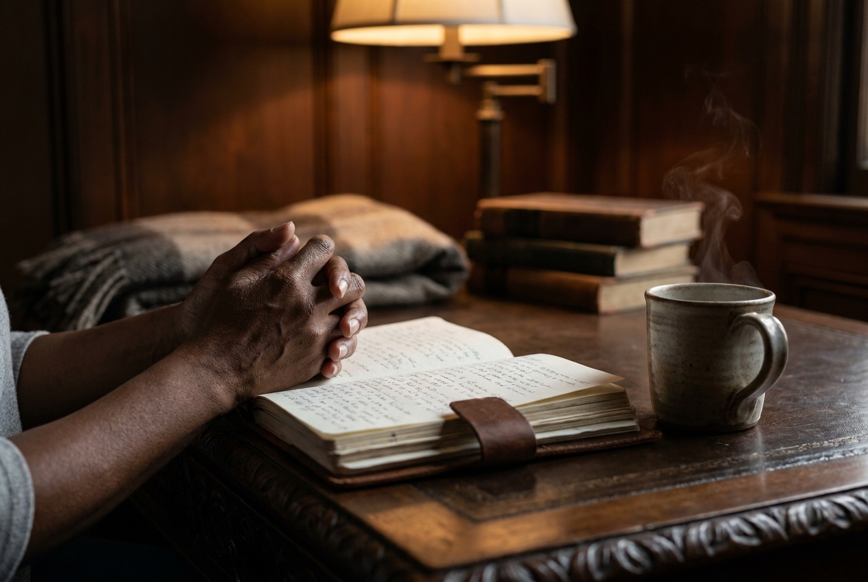 Close-up of a person's hands resting on an open journal next to a cup of tea.