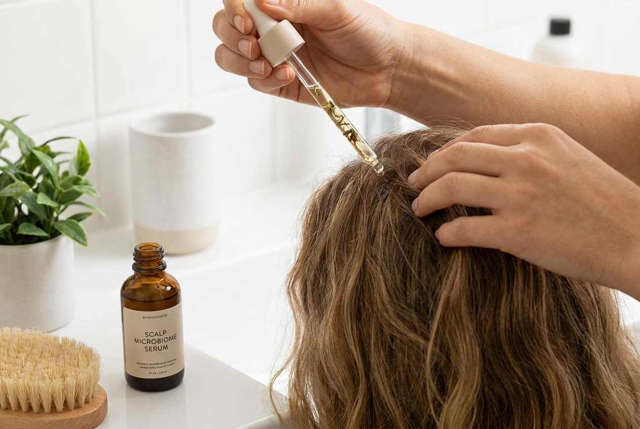 Close-up of hands massaging a clear serum into the scalp.