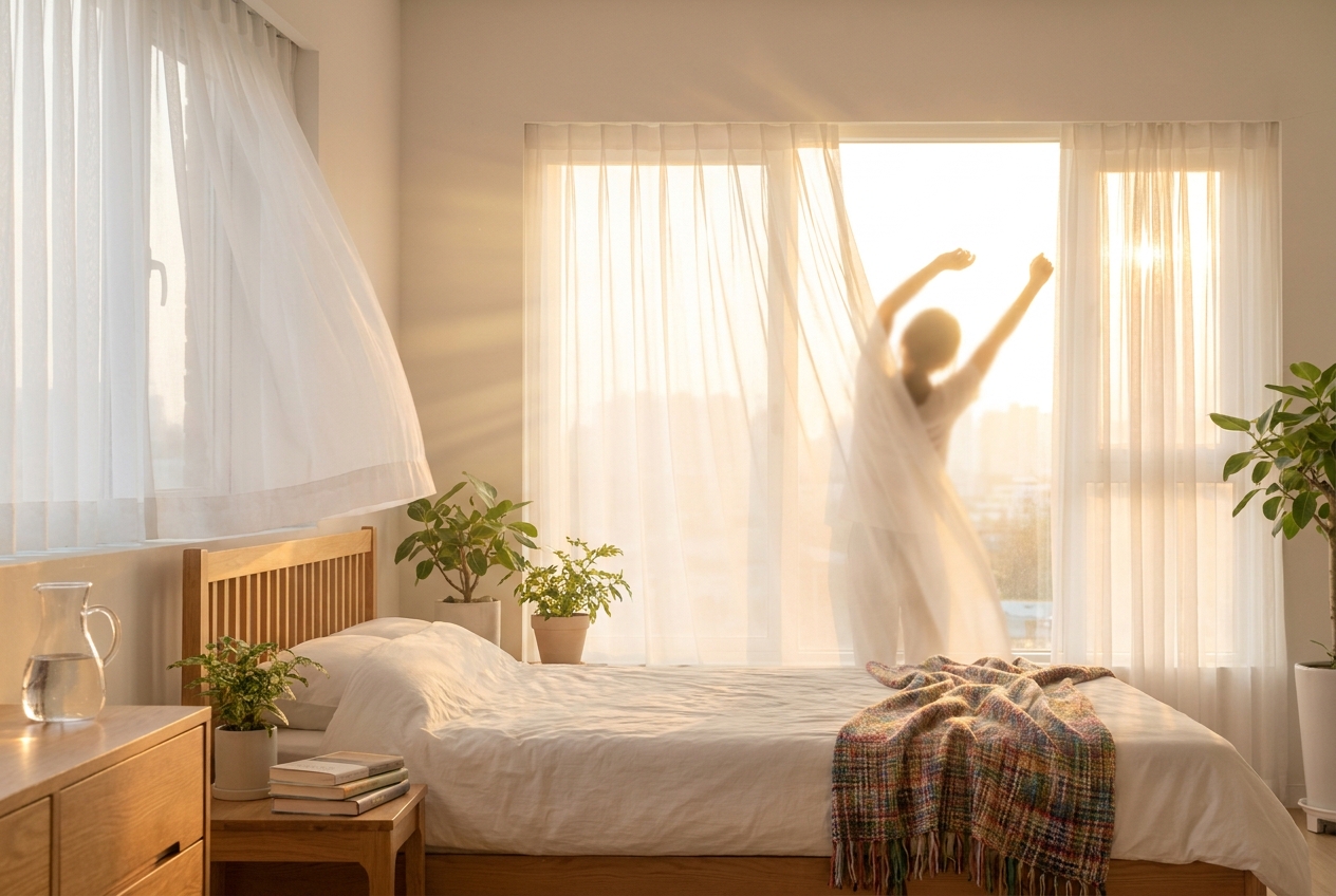 Silhouette of a person stretching their arms toward the sunlight streaming through a window.
