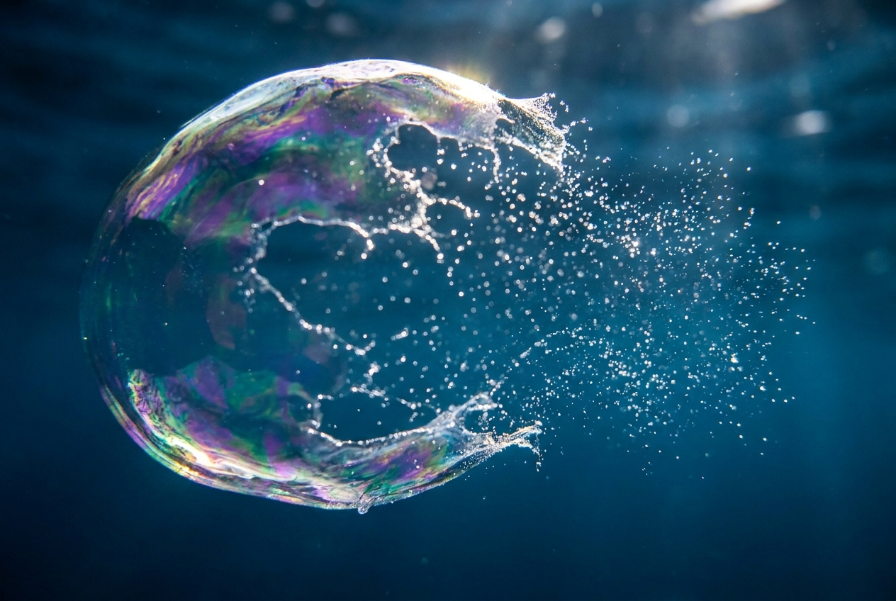 Macro view of an iridescent cellular membrane gently dissolving into water droplets.