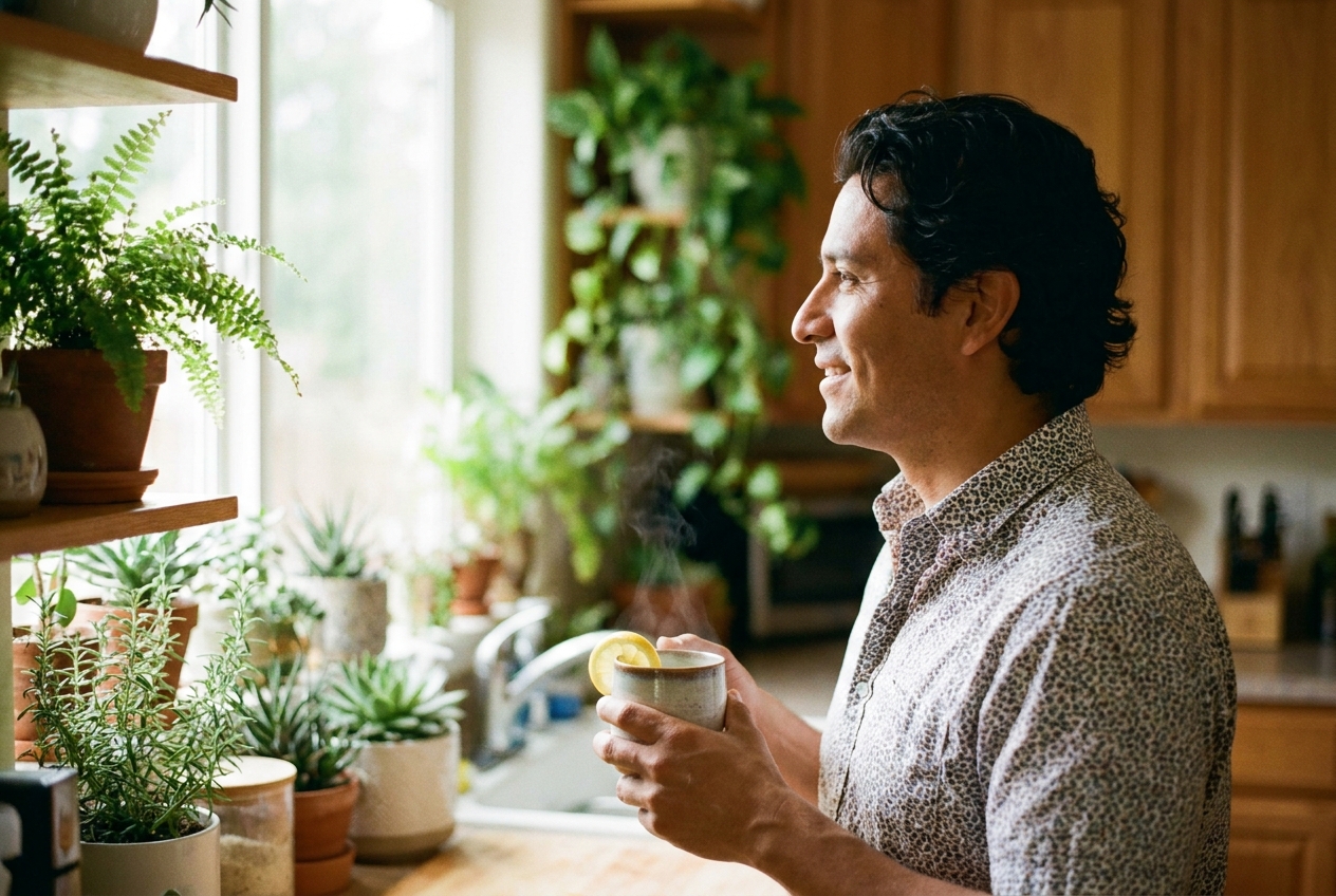 Latino man in a kitchen smiling while holding a steaming cup of hot water.