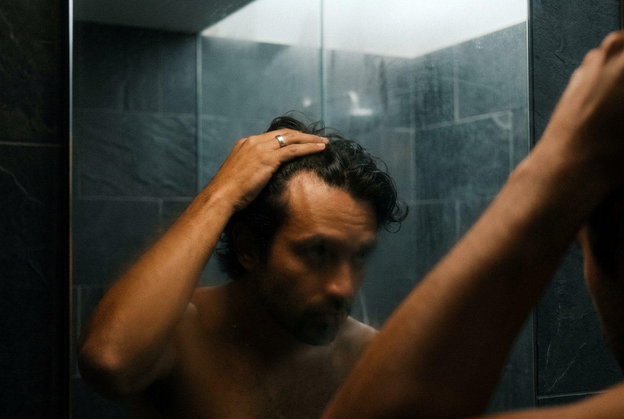 Man examining his hairline thoughtfully in a softly lit bathroom mirror.