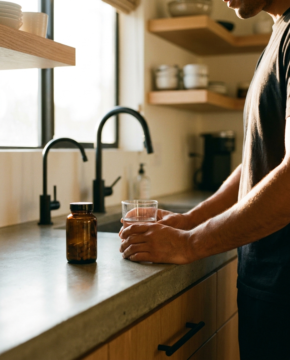 A man's hands holding a glass of water next to an amber supplement bottle.