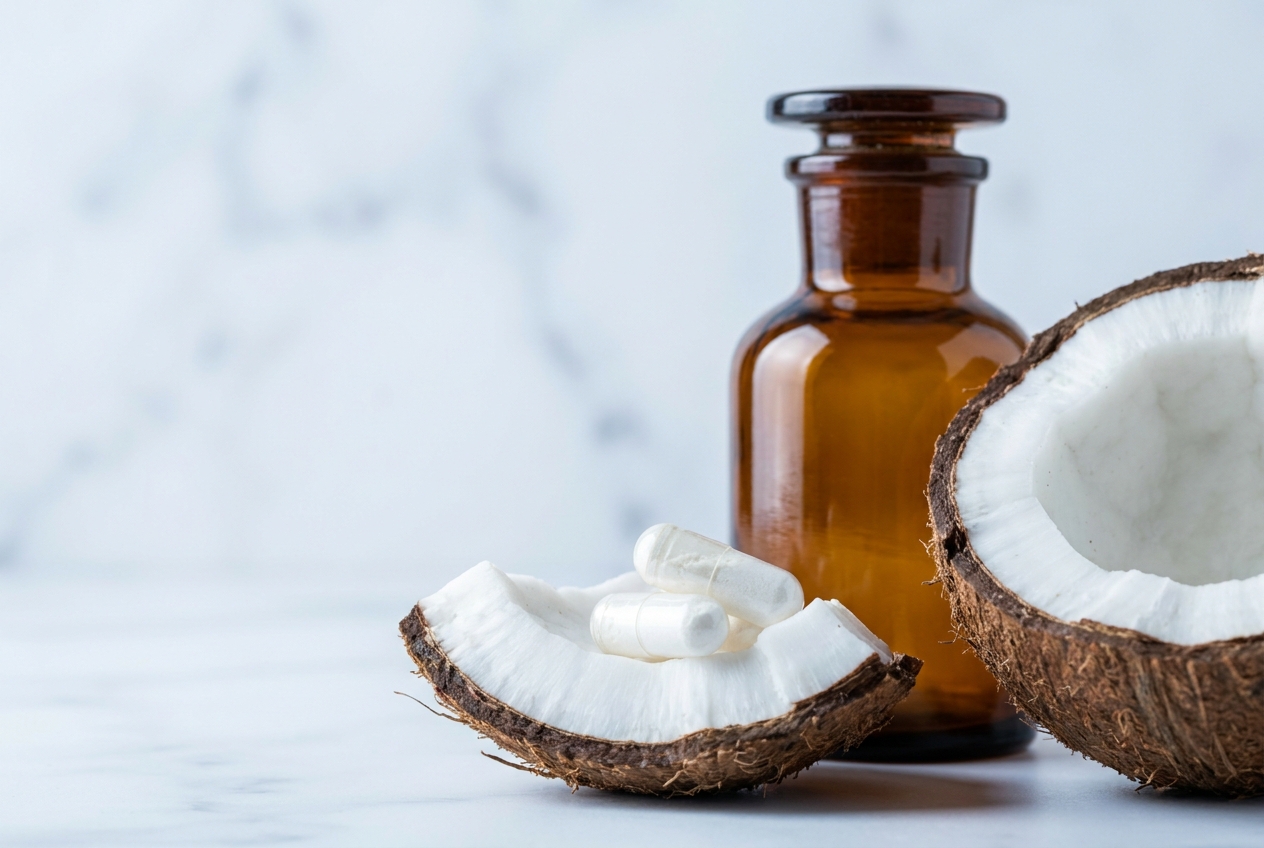 Translucent supplement capsules resting on a cracked coconut shell next to an amber bottle.