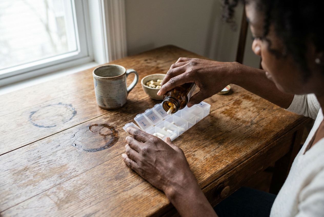 Close-up of hands organizing white capsules into a daily pill box on a rustic wooden table.