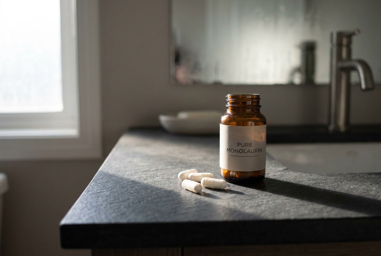 A clean, amber glass supplement bottle and white capsules resting on a minimalist slate bathroom counter in morning light.