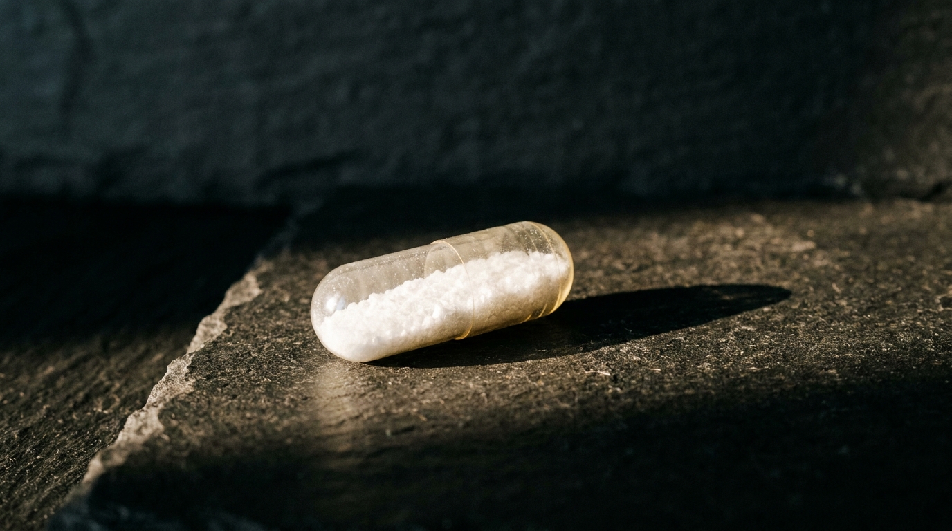 A single clear capsule resting on dark slate, illuminated by a beam of light.