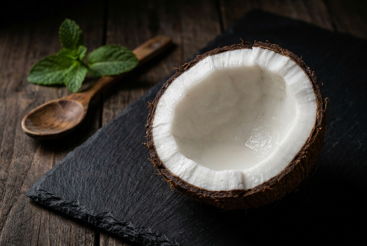 Freshly halved raw coconut resting on a dark textured slate board.