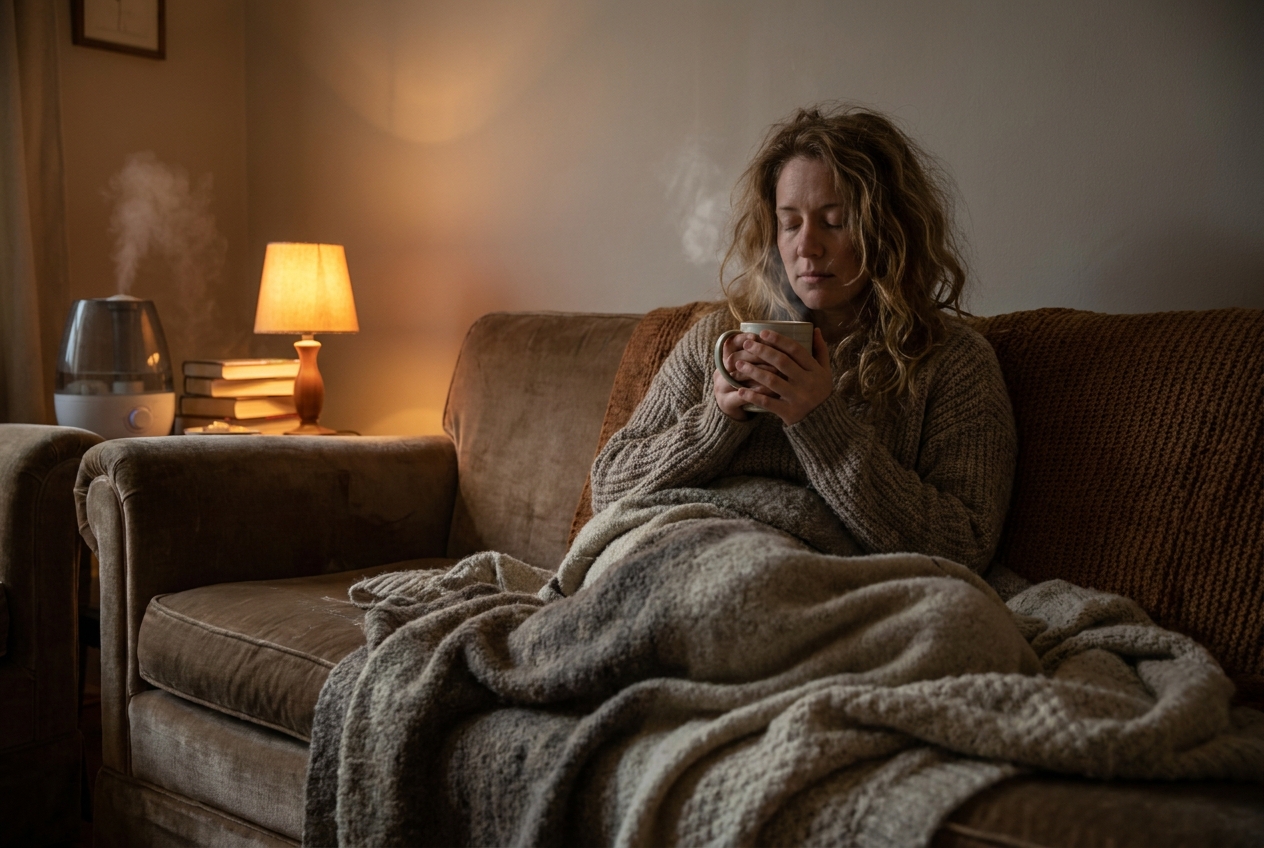A woman resting comfortably on a couch under a blanket while holding a warm mug of tea.