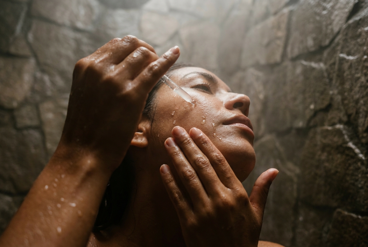 Wet hands of a woman with warm bronze skin gently pressing hydrating serum into her cheek and lower jawline.