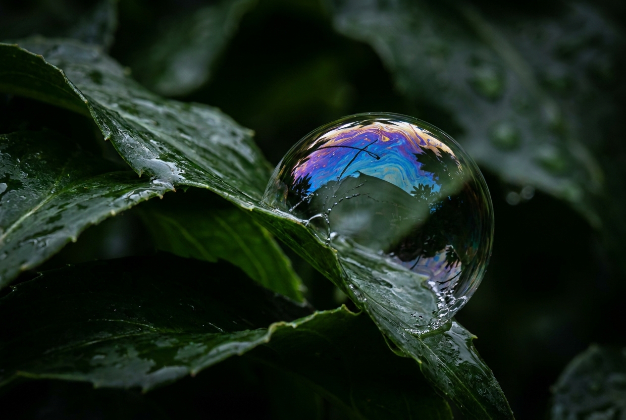 Macro photograph of a colorful soap bubble resting on a dark green leaf.