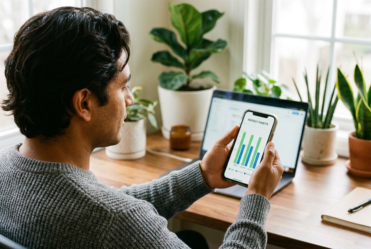 Man looking at a realistic health tracking app showing a bar chart on his smartphone.