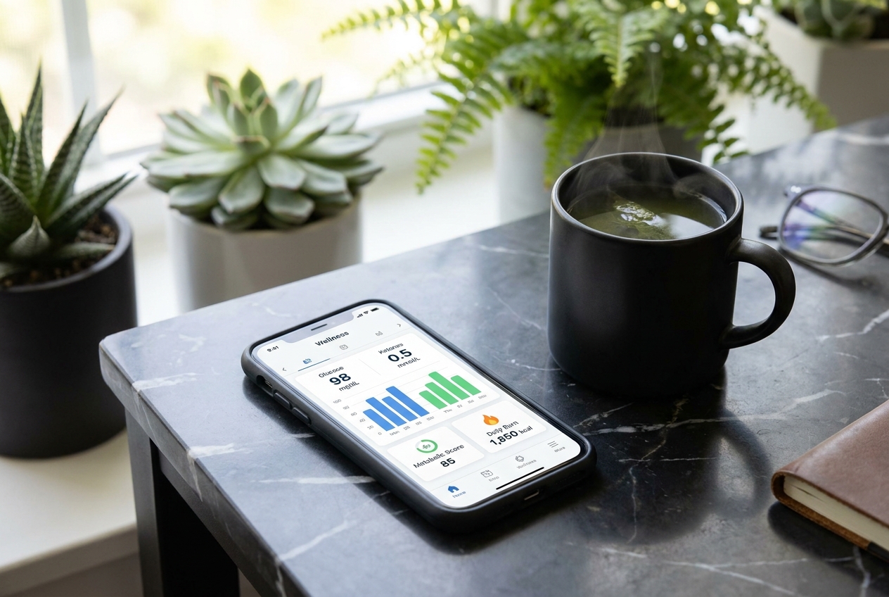 Smartphone displaying a realistic health tracking app on a marble countertop next to a mug.