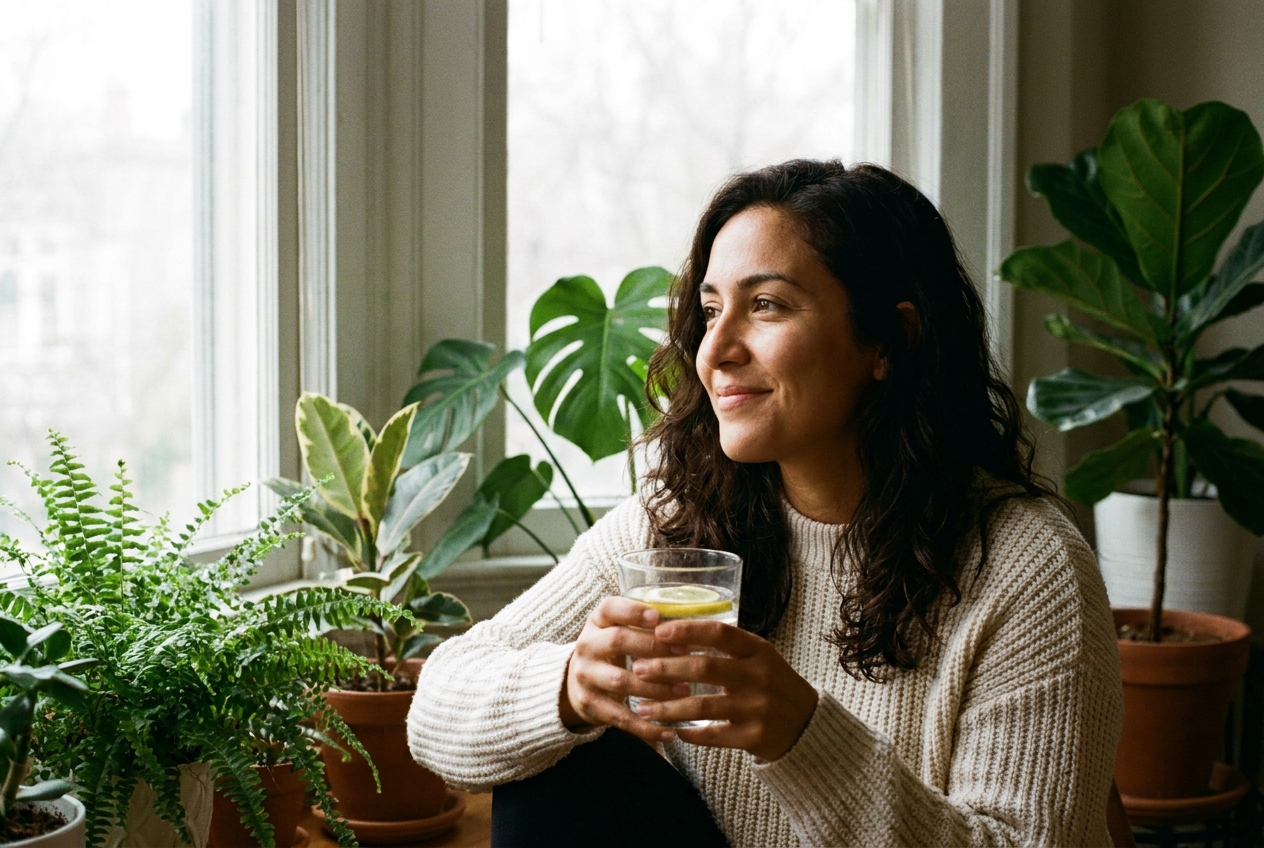 Latina woman in a cream sweater holding a glass of lemon water looking thoughtfully out a window.