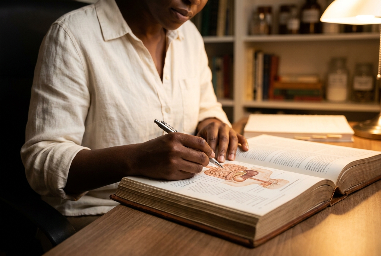 Woman with deep mahogany skin tracing a diagram in an anatomy reference book.