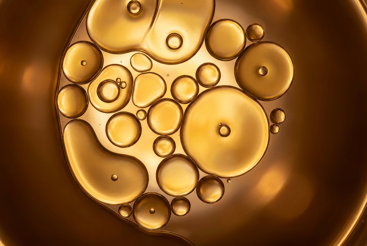 Abstract macro photography of golden oil droplets suspended and separating in clear water.