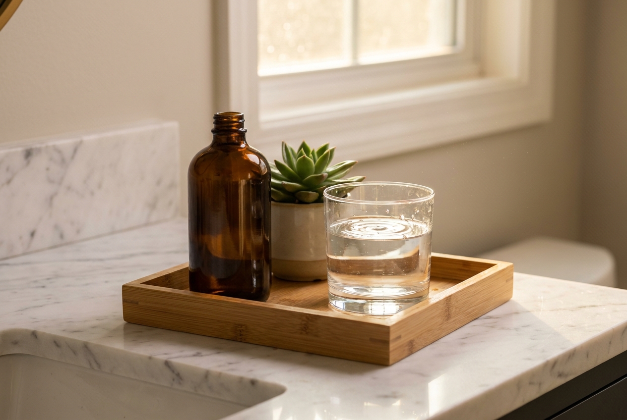 An amber glass supplement bottle sitting next to a glass of water on a marble vanity.