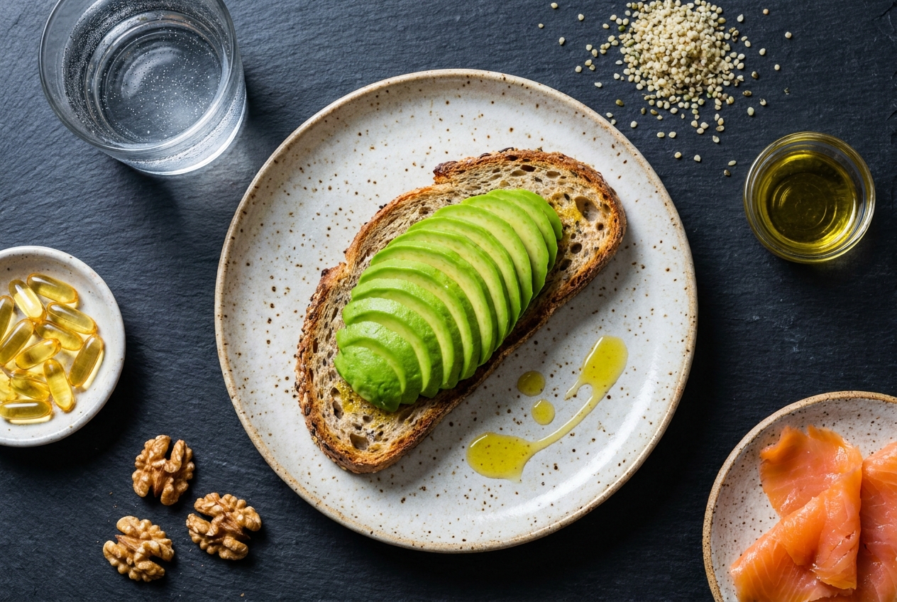 Overhead view of sliced avocado on rustic toast beside a clear glass of water on a ceramic plate.
