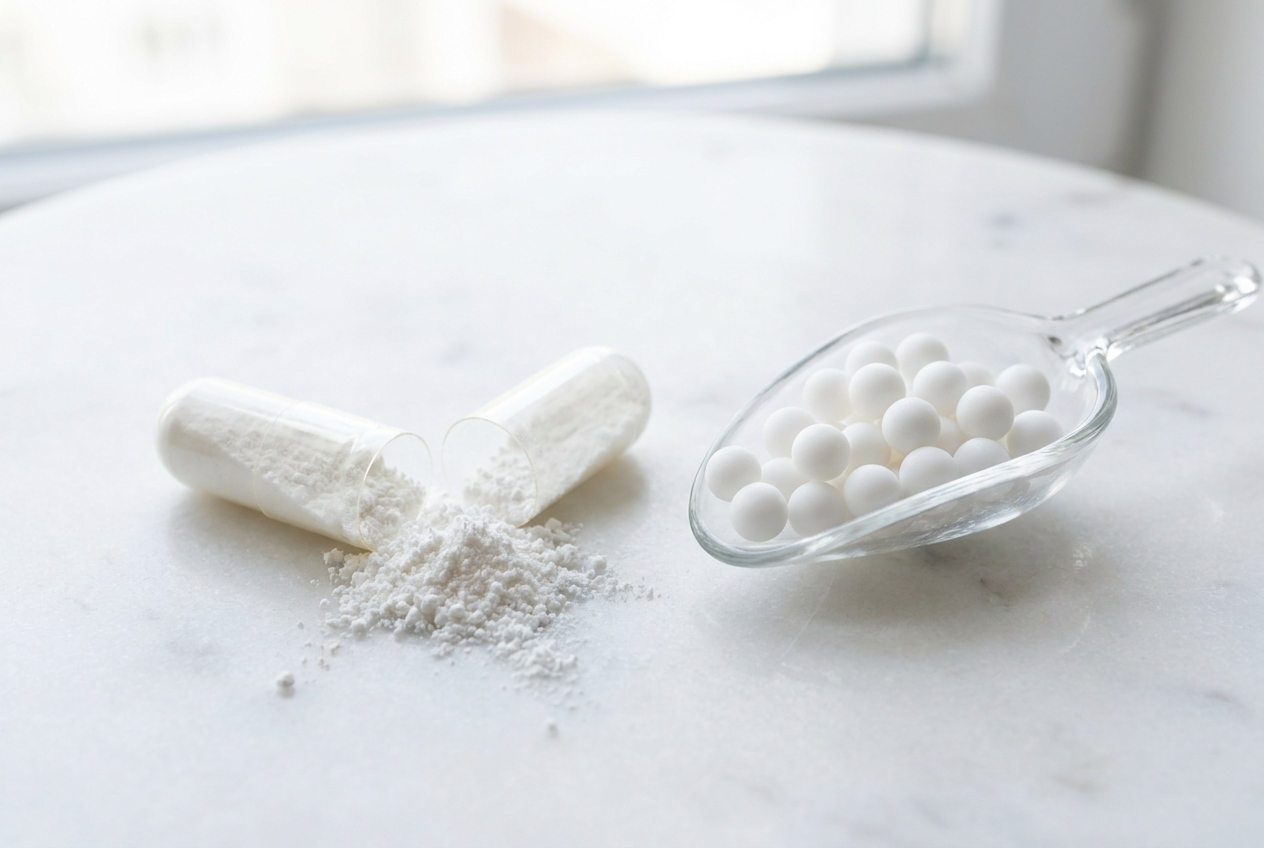 A broken capsule spilling white powder next to a neat pile of structured supplement pellets.