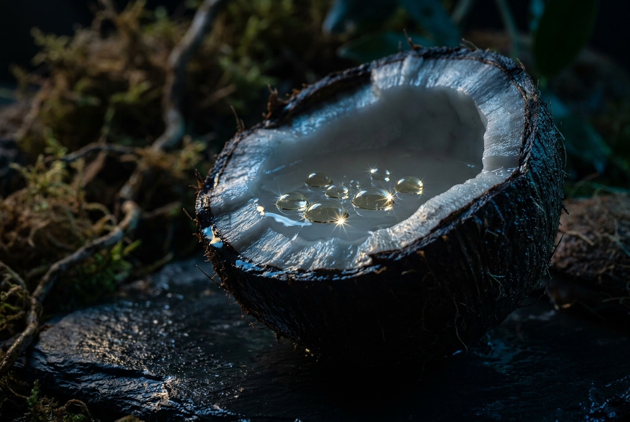 Macro shot of pure oil droplets floating on coconut water inside a halved fresh coconut.