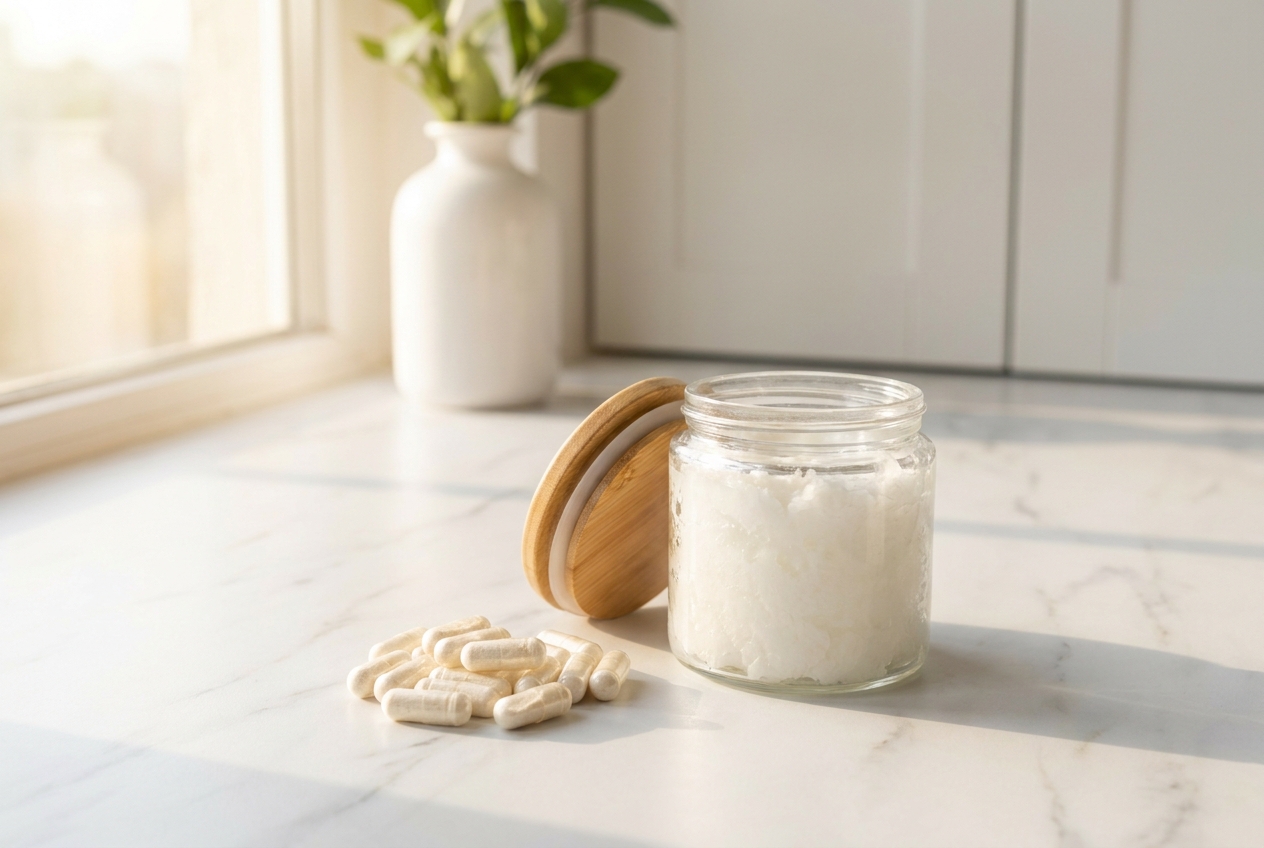 A jar of solidified coconut oil and scattered transparent supplement capsules on a white marble counter.