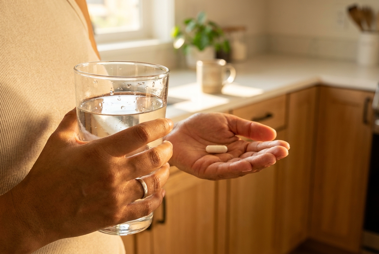 Olive-skinned hands holding a glass of water and a white supplement capsule.