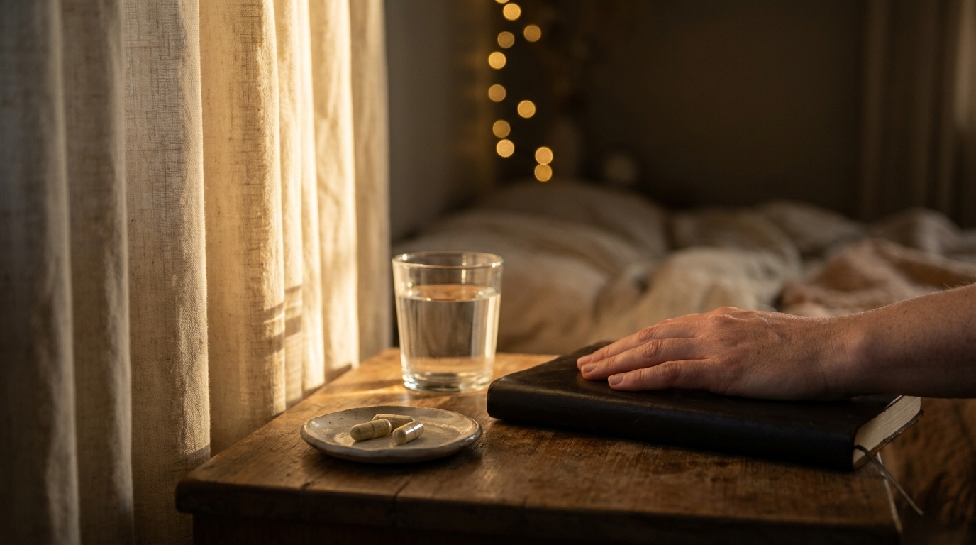 A hand resting on a journal next to a glass of water and supplements on a nightstand.