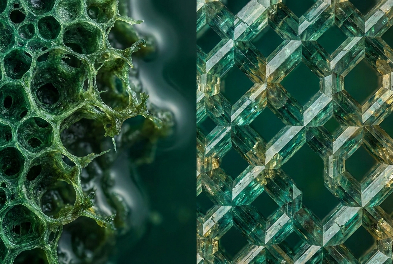 Side-by-side macro comparison of a dissolving porous texture and a rigid geometric crystal.