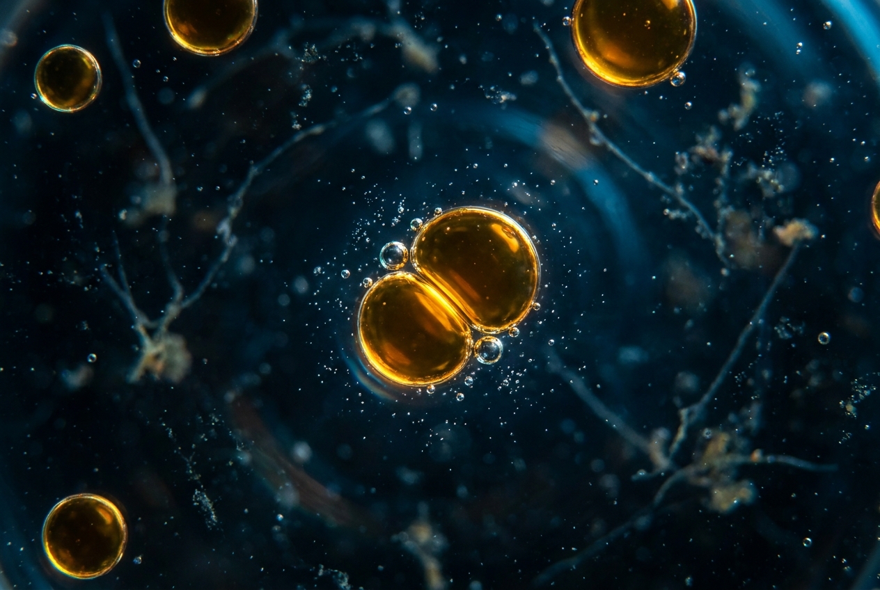 Microscopic view of golden oil droplets merging in a dark blue liquid environment.