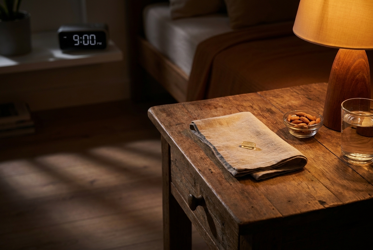 A supplement capsule, almonds, and a glass of water on a wooden nightstand illuminated by a warm bedside lamp.