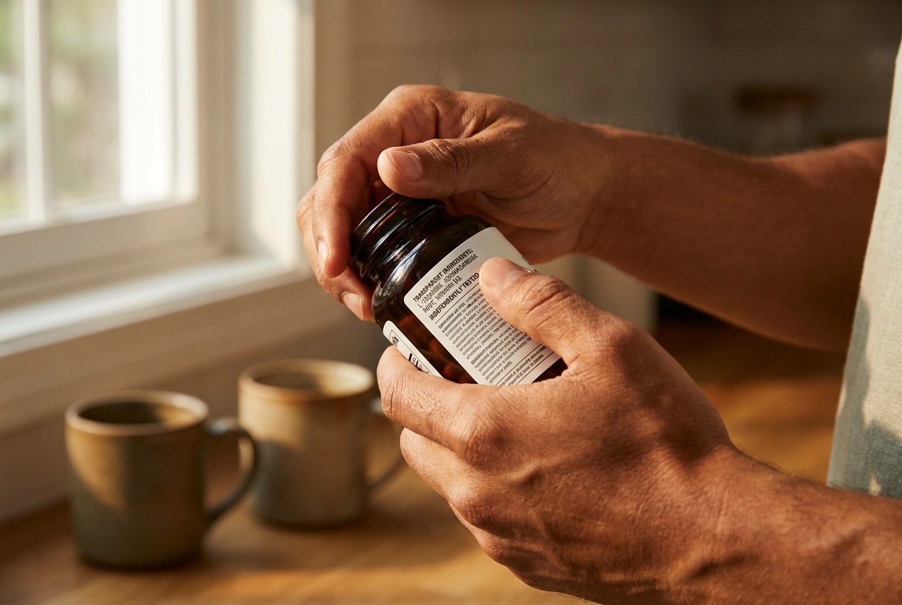 Hands holding an amber supplement bottle, examining the ingredient label carefully.