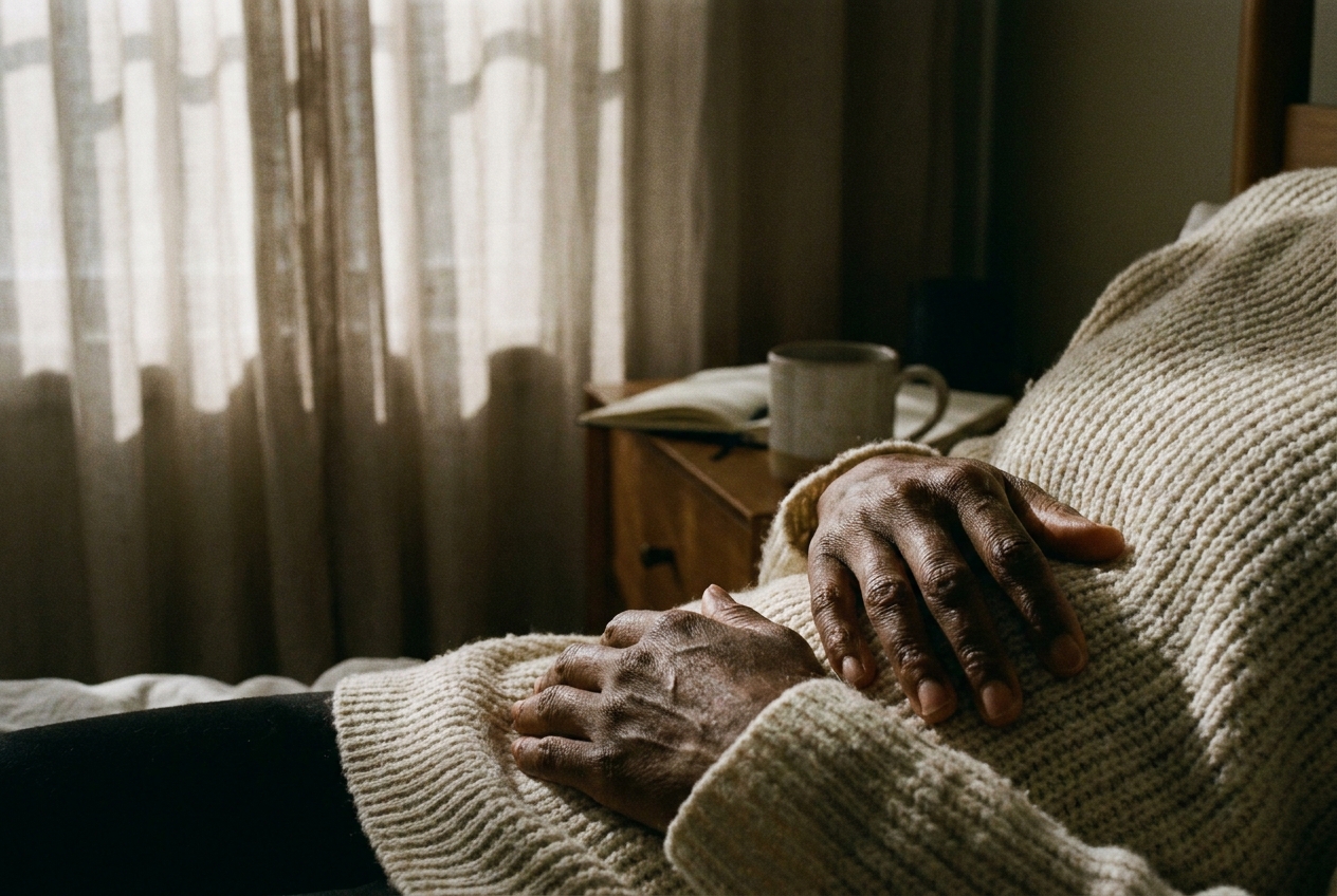 A woman's hands gently resting over her stomach while wearing a cozy cream sweater.