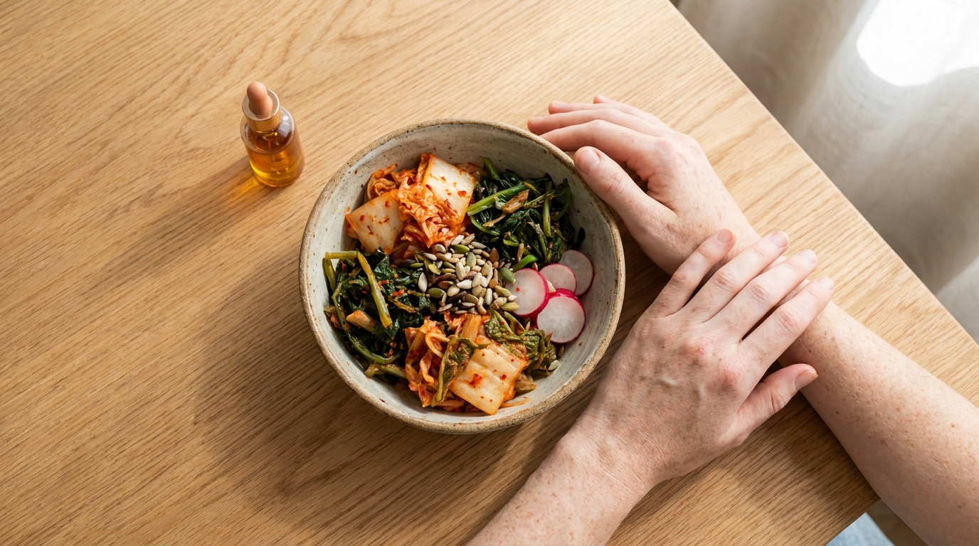 A rustic bowl of colorful, gut-healthy fermented foods and greens on a light wooden table.