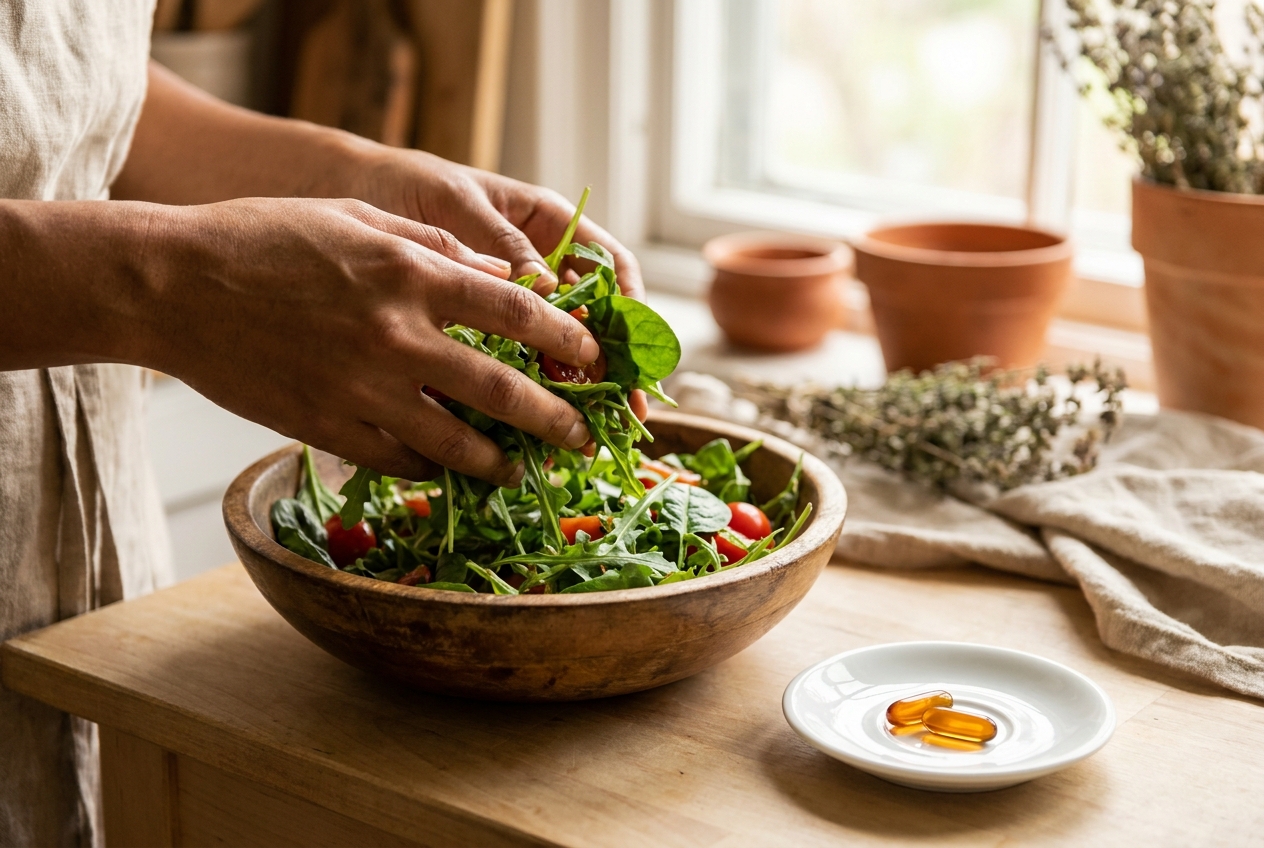 Close-up of hands tossing a fresh salad next to a small dish containing supplement capsules.