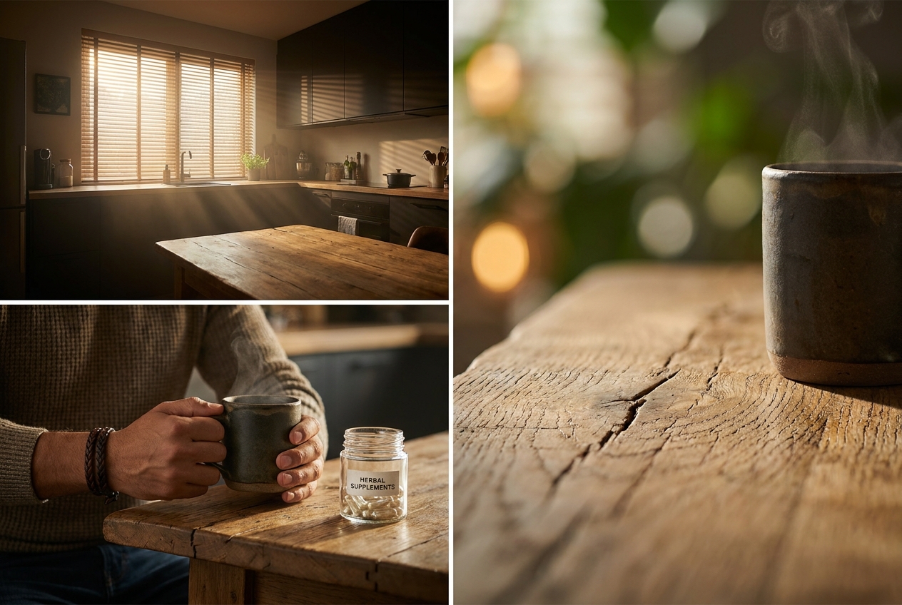 Close up of hands holding a warm mug of tea next to a glass jar of clear supplement capsules on a wooden table.