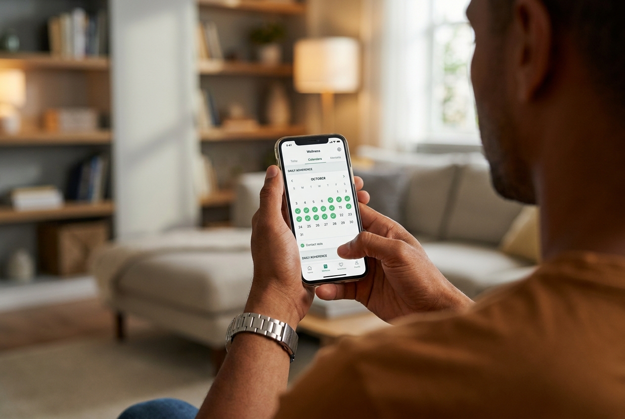 Close up of a man's hands holding a smartphone displaying a wellness tracking app with a daily calendar streak.