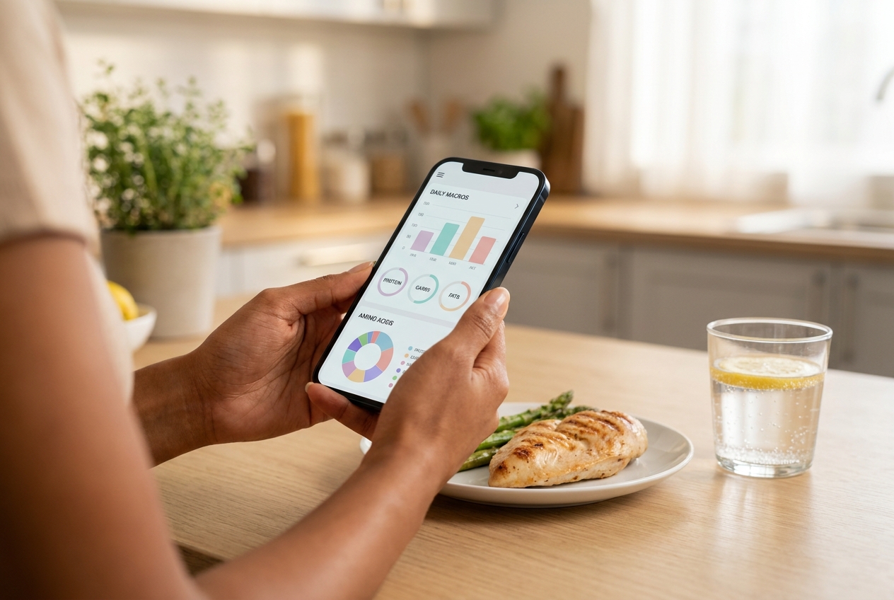 Hands holding a smartphone displaying a realistic health tracking app next to a healthy meal.