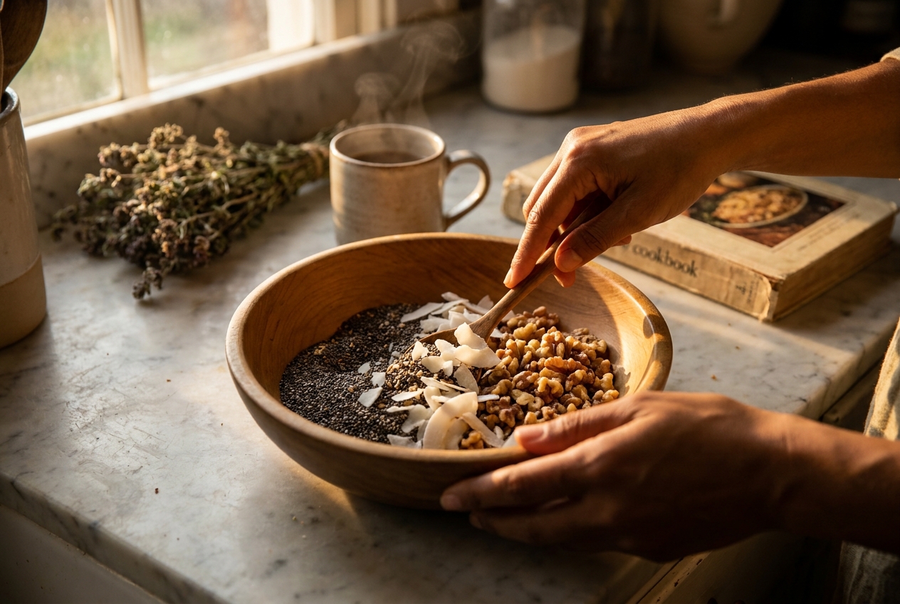 Hands mixing a bowl of healthy fats like chia seeds, walnuts, and coconut flakes.