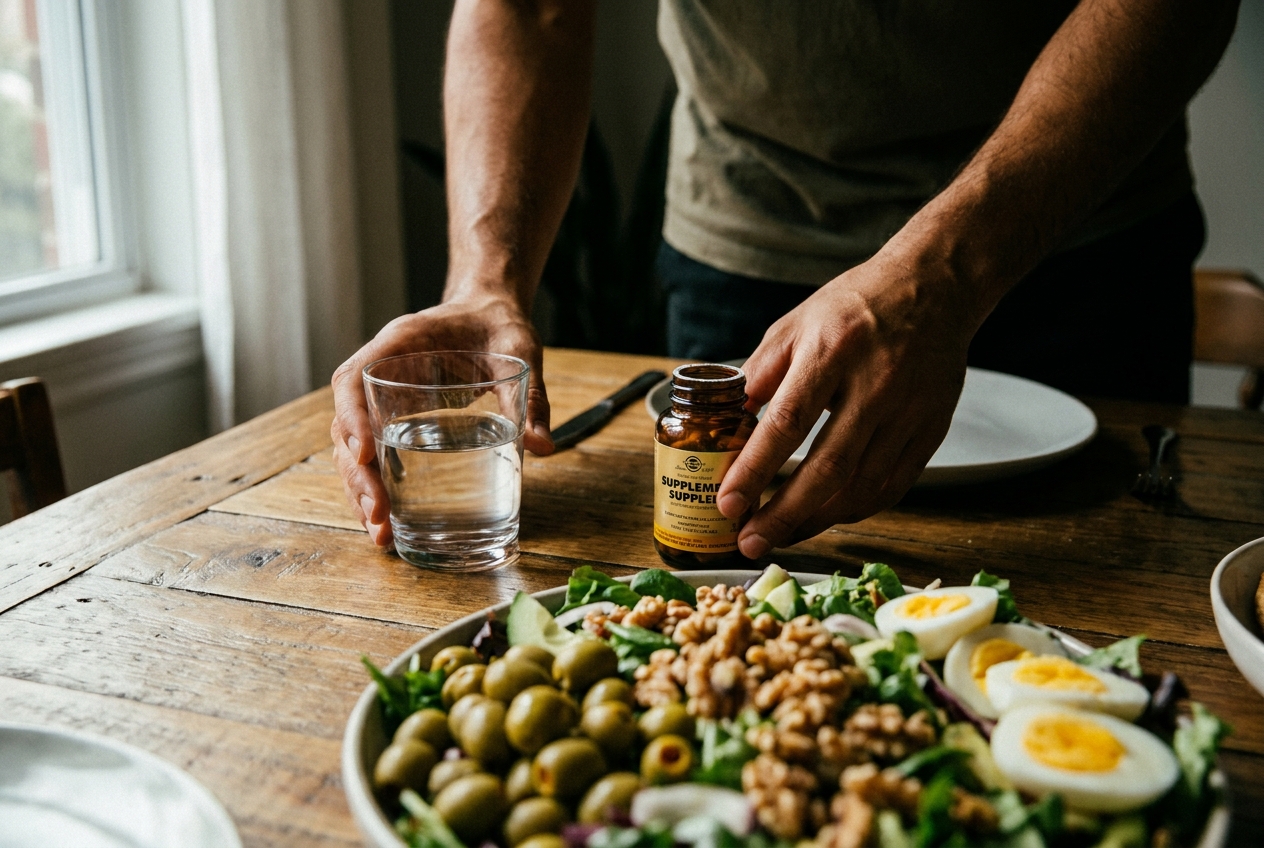 A person's hands reaching for a glass of water next to a supplement bottle and a healthy salad.