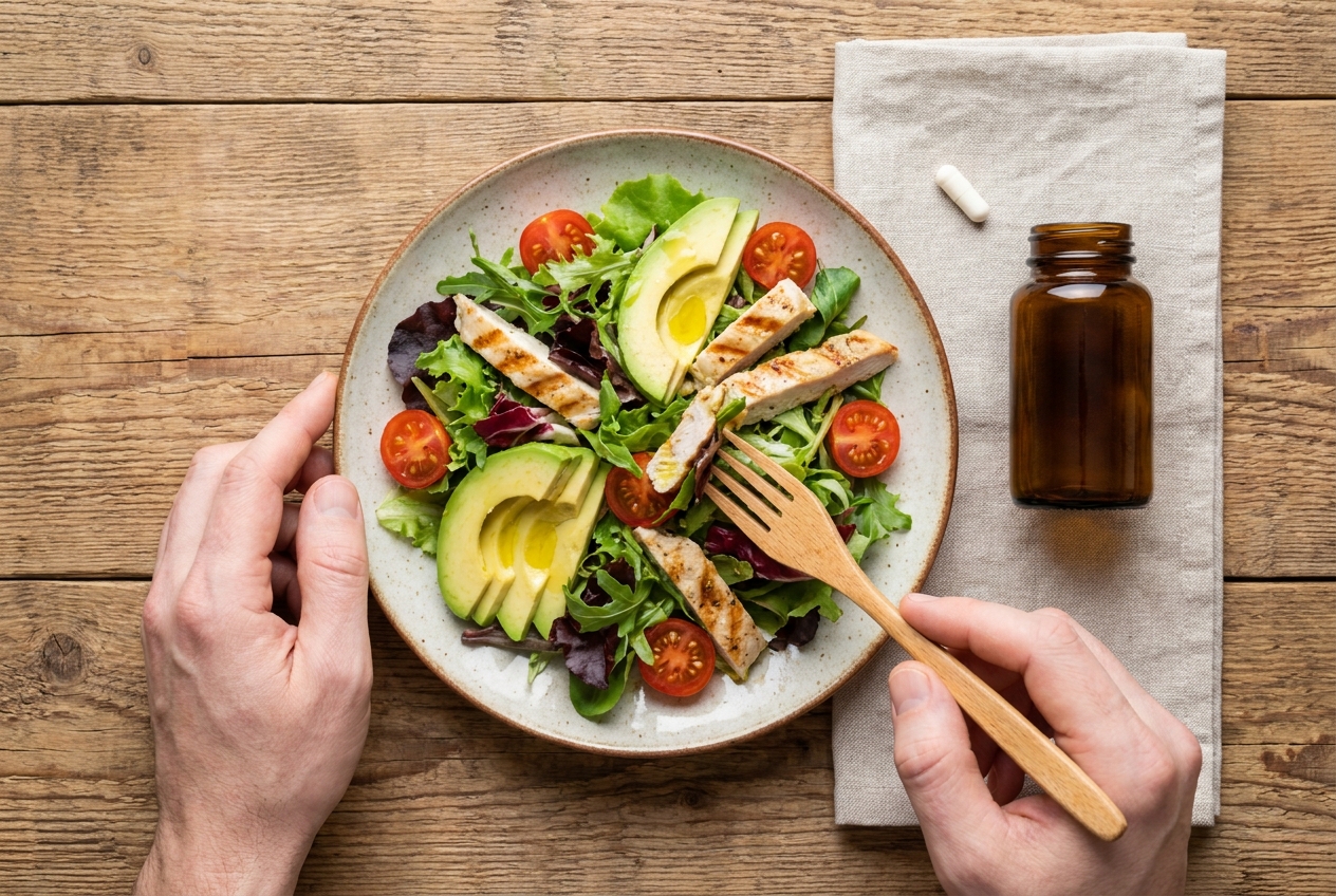 A top-down view of a healthy salad next to an amber supplement bottle and a single capsule.