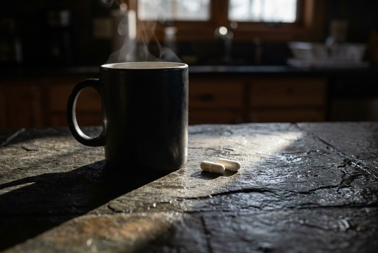 A steaming mug of dark coffee next to two white supplement capsules on a dark stone counter.