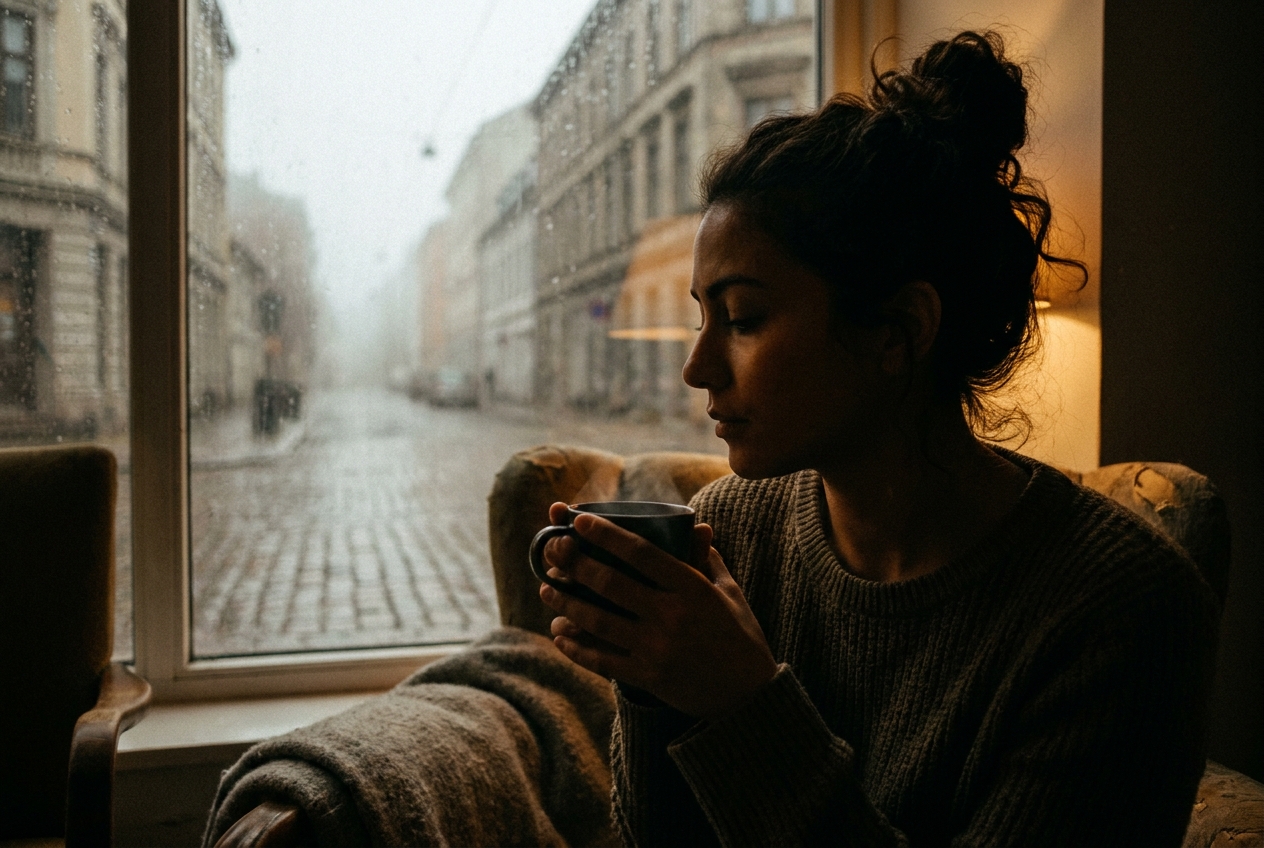 Silhouette of a person with dark wavy hair holding a mug of tea looking out a rainy window.
