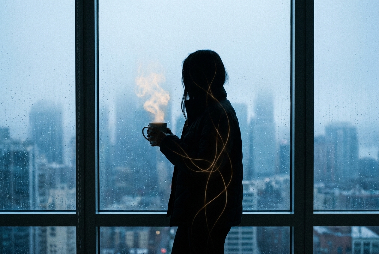 Silhouette of a person holding a warm mug by a rain-streaked window.