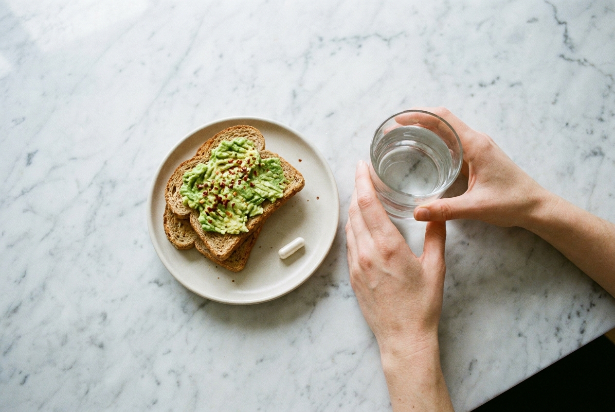 Overhead view of a plate with avocado toast, a glass of water, and a single white capsule on a marble counter.