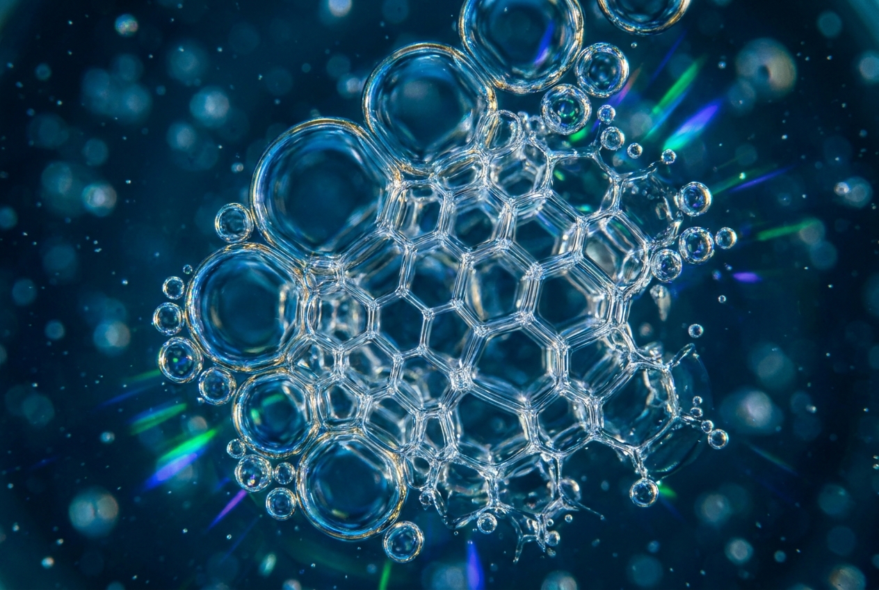 Abstract glowing geometric structures dissolving in a deep blue liquid.