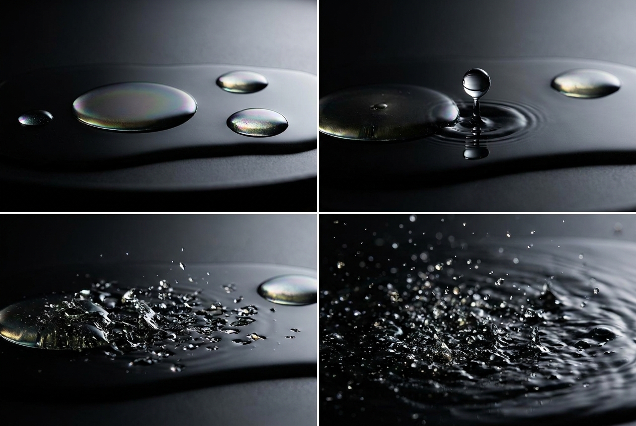 Macro photograph of oil droplets dispersing as a clear liquid breaks their surface tension.